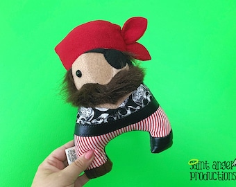 Stuffed Bearded Pirate Pillow Doll Plush, Furry, Lush Brown Beard, Pirate Fiber Art Soft Sculpture, READY TO SHIP