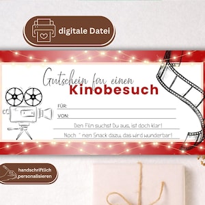 Chèque cinéma | Bon cinéma numérique | Modèle de chèque-cadeau | Bon soirée cinéma PDF à imprimer invitation cinéma personnalisable