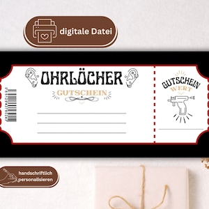 Vale para piercing de oreja PDF | Vale regalo piercing oreja digital | Plantilla de vale de regalo | descarga instantánea personalizable