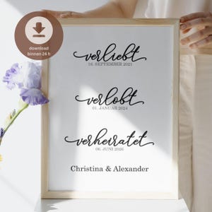 Modernes Hochzeitsgeschenk personalisiert | Verliebt Verlobt Verheiratet Poster Schwarz | Hochzeit PDF Download A4