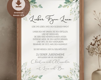 Może przedstawiać: Oprawiony wydruk z drewnianą ramą, z elegancką kaligrafią i ilustracjami botanicznymi. Tekst jest w języku niemieckim, z wiadomością dla "Fynn Luca" i życzeniami. Widoczne są dekoracyjne liście i ikona pobierania.