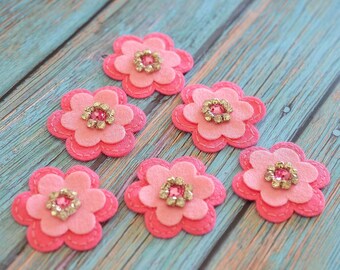 Set of 6pcs handmade felt flower--dark canation/baby pink (FT746)