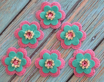 Set of 6pcs handmade felt flower--pink petunia/ tro. turquoise (FT746)