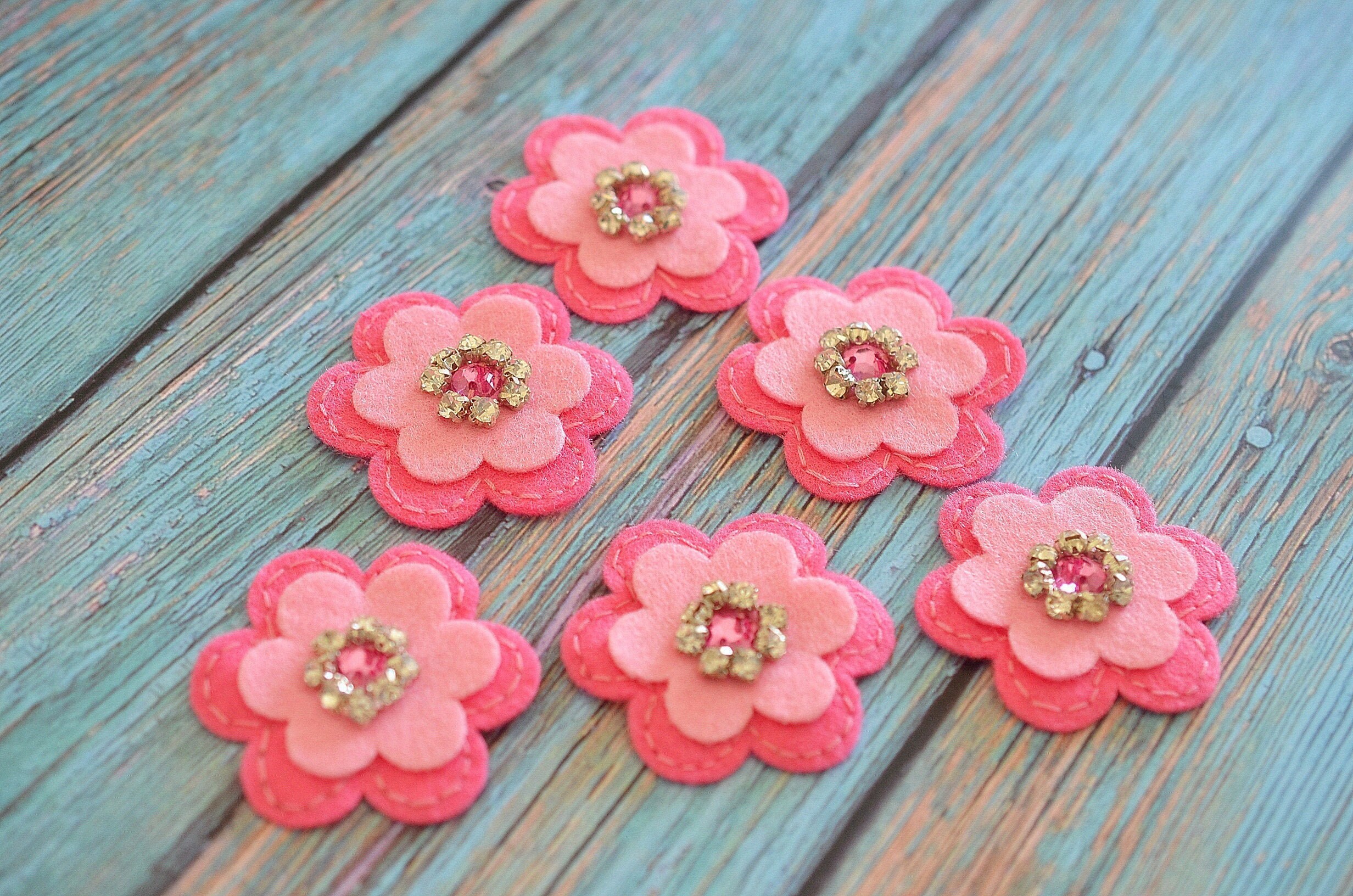 Set of 6pcs Handmade Felt Flower--dark Canation/baby Pink