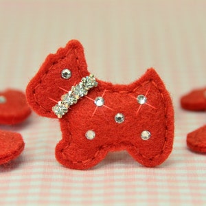 Set of 6pcs handmade felt puffy scottie dog w/swarovski crystal--devil red (FT632so)