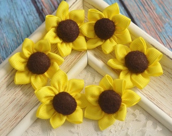 New! Set of 6pcs handmade Grosgain ribbon sunflowers—yellow (FT833)