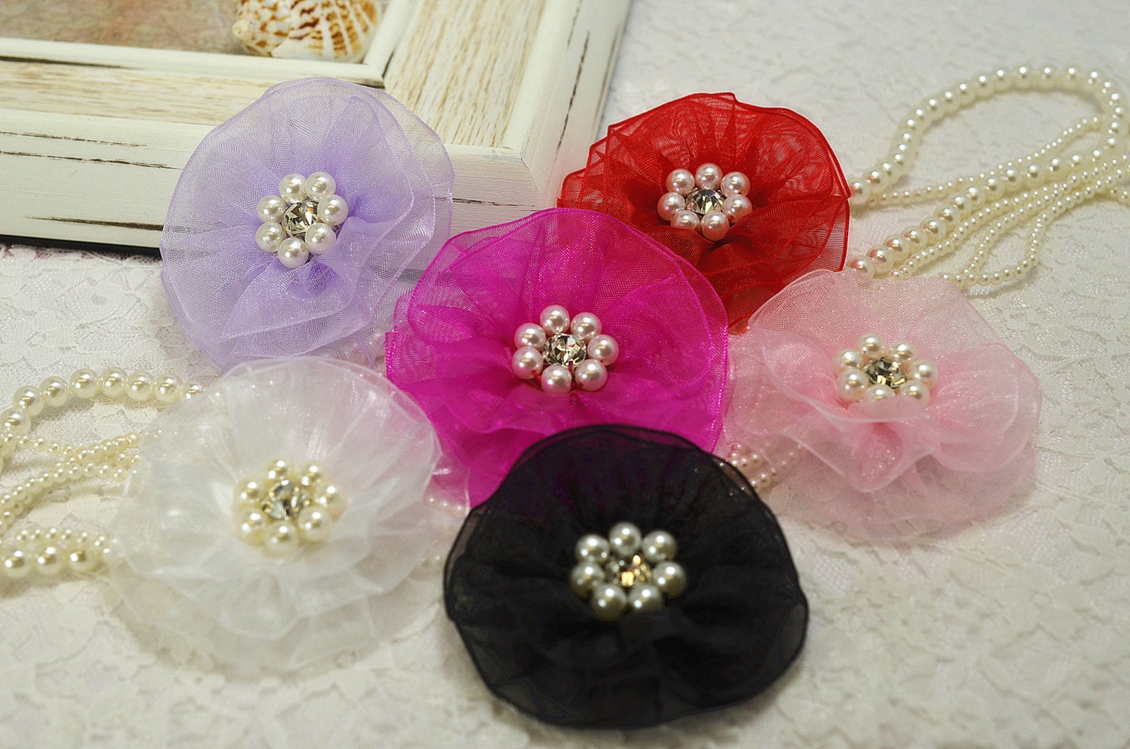 NEW Handmade Organza Flower With Rhinestone and Pearlswhite Etsy