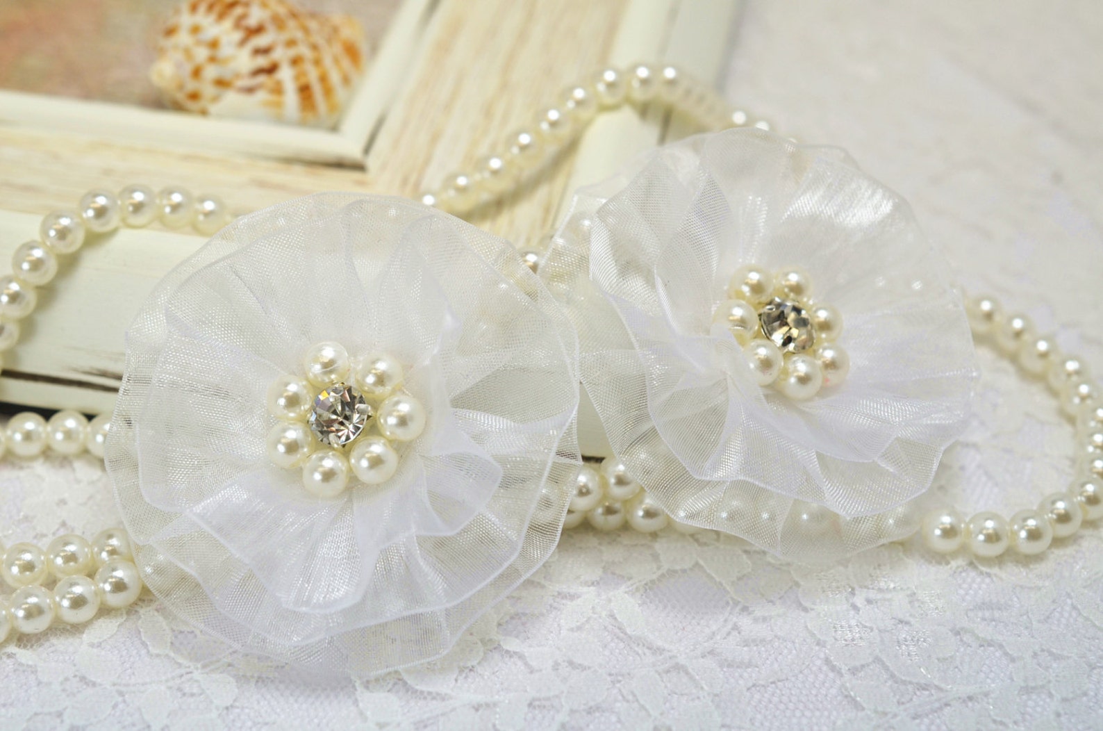 NEW Handmade Organza Flower With Rhinestone and Pearlswhite Etsy