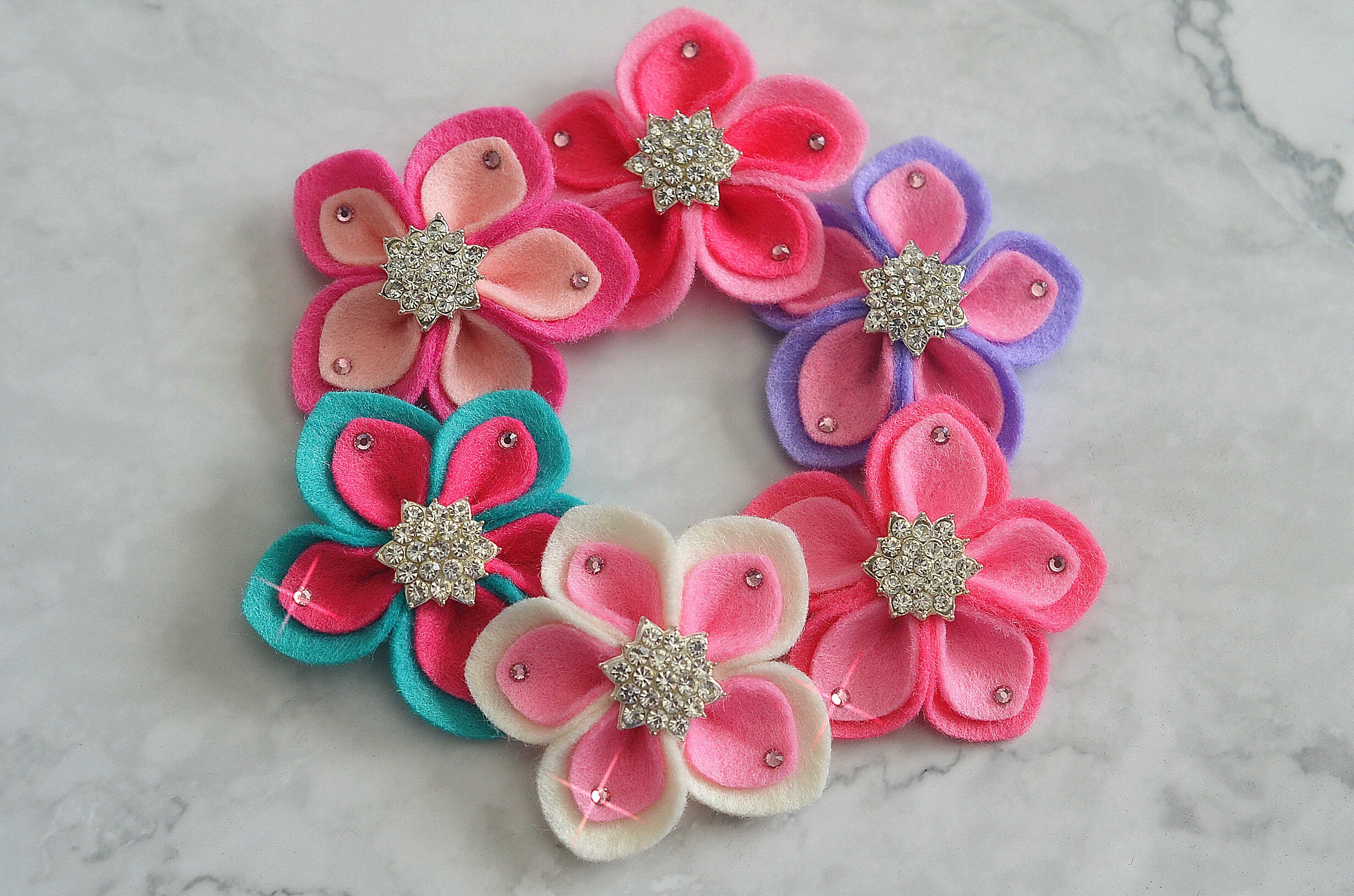 New! 2pcs Handmade Felt Flowers With Swarovski Crystal