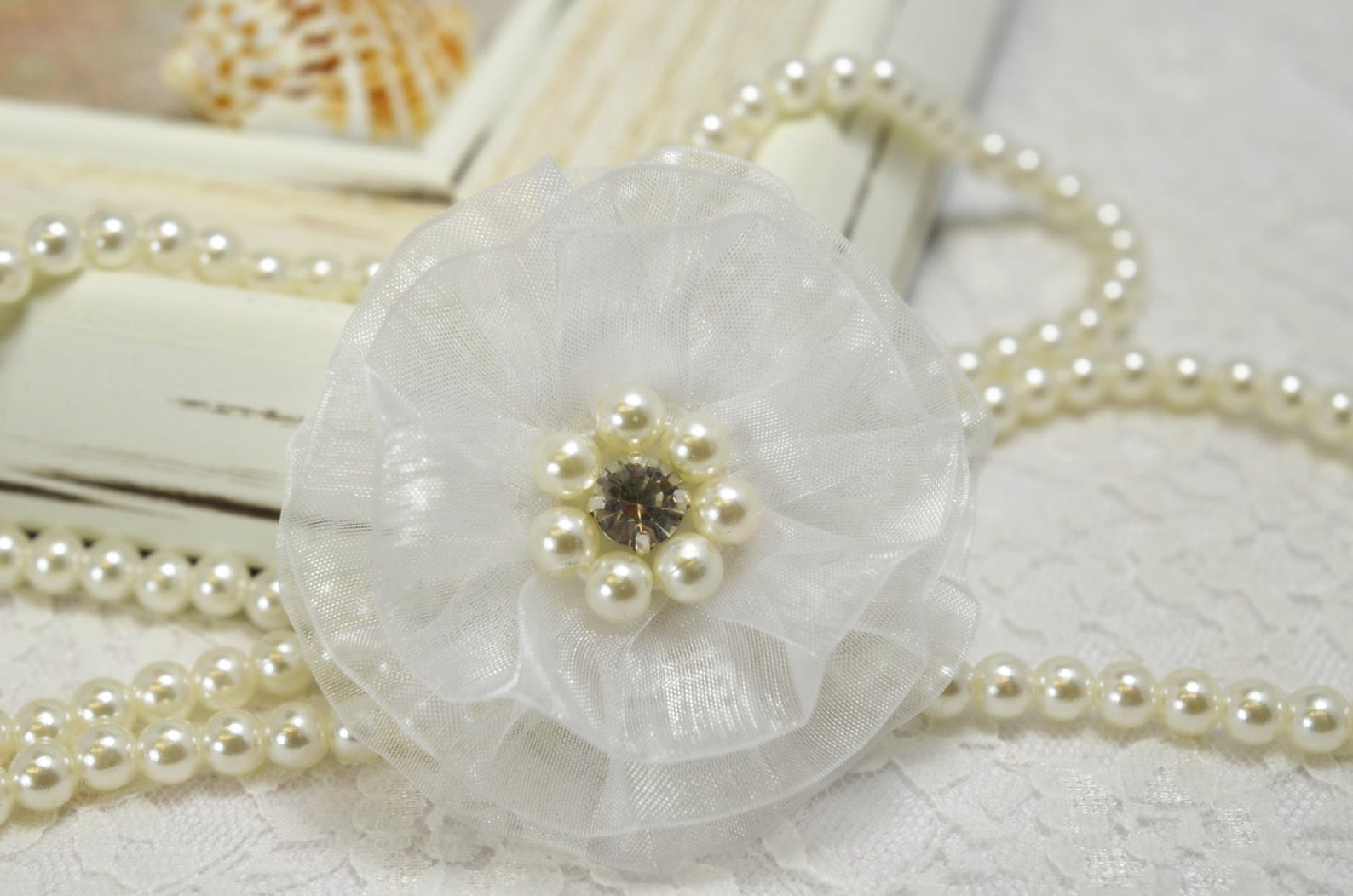 NEW Handmade Organza Flower With Rhinestone and Pearlswhite Etsy