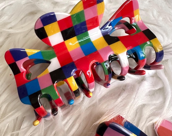 Rainbow Plaid Acrylic Hair Clip | Multicolored High-Quality Hair Barrette | Trendy Colorful Hair Accessory for Women and Girls