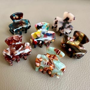 Puede incluir: Seis pinzas para el cabello coloridas con varios patrones. Las pinzas presentan un diseño veteado con tonos de azul, marrón, verde y blanco. Cada pinza tiene un diseño de garra para asegurar el cabello.