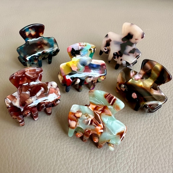 Minihårspännen i franskt acetat, set om 2 | Små fyrkantiga vintagehårklor för lugg och bakhuvud | 3,8 cm
