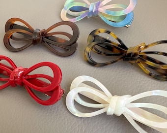 Graziosa molletta per capelli con fiocco in acetato per donna, fermaglio laterale con nastro a doppio strato, dolce fermaglio con fiocco cavo, fermaglio minimalista a forma di becco d'anatra, carina per tutti i giorni