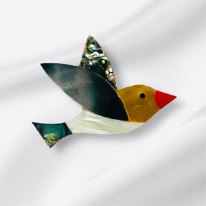 May include: A colourful bird brooch made of iridescent shell and painted with gold, white and red accents.