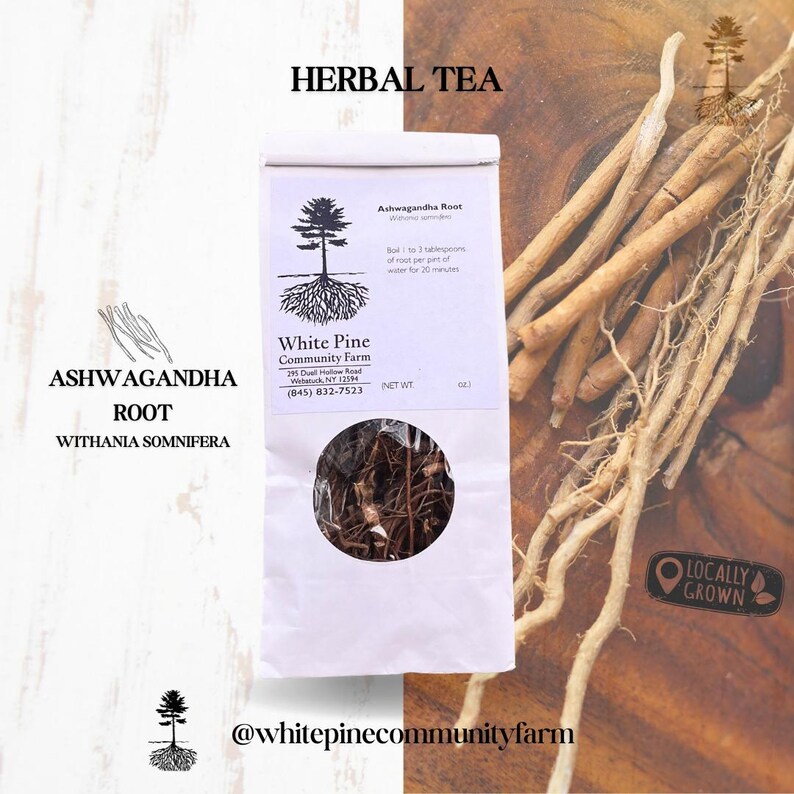 May include: A white paper bag with a brown label that reads "HERBAL TEA" and "Ashwagandha Root". The label also includes the name "White Pine Community Farm" and their contact information. The bag contains dried ashwagandha root. The image also shows a close-up of the ashwagandha root and a stamp that reads "LOCALLY GROWN".