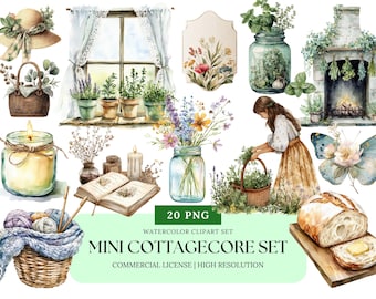 Mini Cottagecore aquarel clipart set gezellige Slow Living botanische esthetiek PNG klein proefpakket digitale download