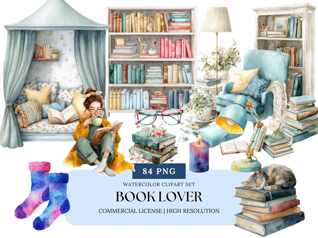 Library Girl Watercolor Clipart Set Book Lover Aesthetic Cozy Reading ...