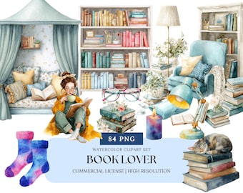 Bibliothek Mädchen Aquarell Clipart Set Buchliebhaber Ästhetische Gemütliche Lesung PNG Bundle Bücherwurm Szene Aufkleber Planer Art Vintage Bibliothek