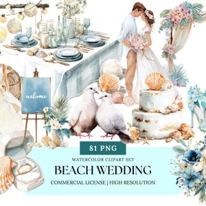 Ozean inspiriert Hochzeit Aquarell Clipart | Strand Hochzeit PNG Bundle, Braut Bräutigam Clipart, Küsten Tropische Hochzeit Grafiken