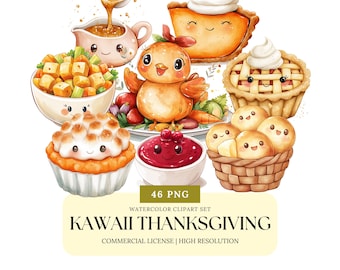 Kawaii Thanksgiving Clipart Cute Turkey Dinner PNG Pumpkin Pie Cranberry Sauce Autumn Food Clipart Fall Feast Watercolor PNG