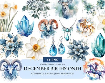 Op de afbeelding: Waterverf clipart set met elementen in blauw, wit en goud. Bevat bloemstukken, kristallen, een hert, sieraden en dierenriem illustraties. De tekst "DECEMBER BIRTHMONTH" is ook aanwezig.