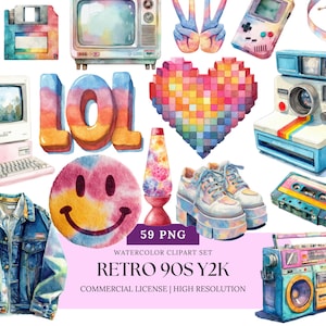 Retro jaren 90 Y2K aquarel clipart set schattige esthetische digitale download voor stickers plakboek sublimatie, png