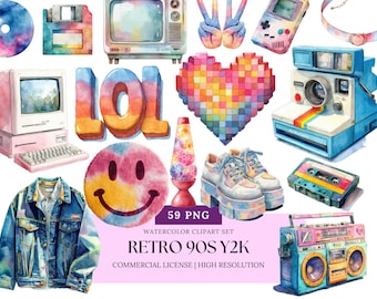 Retro 90s Y2K Watercolor Clipart Set Cute Aesthetic Digital Download for Stickers Scrapbook Sublimation PNG