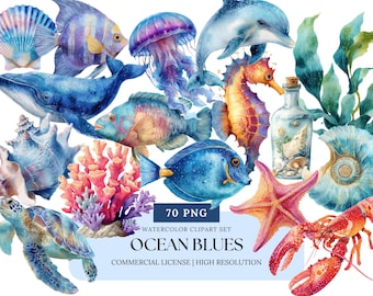 Ocean Blue Sea Creatures Watercolor Clipart Bundle Dolphin Whale Octopus Shark Jellyfish Under the Sea Animal PNGs for Kids & Crafts