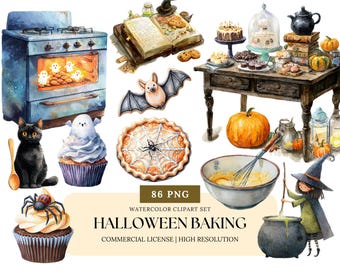 Halloween Baking Clipart Watercolor Cute Cookies Cupcakes Ghost Witch Kitchen Spooky Treats PNG Set Halloween Food Clip Art