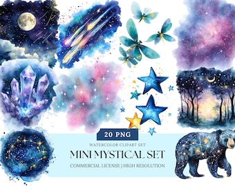 Mini mystieke aquarel clipart set astrologie hemelse nachtelijke hemel bos magie hekserij esthetiek PNG-voorbeeldpakket digitale download