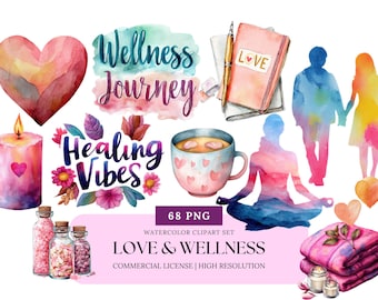 Conjunto de imágenes prediseñadas de acuarela de amor y bienestar / Imágenes prediseñadas de spa de autocuidado, corazón y yoga