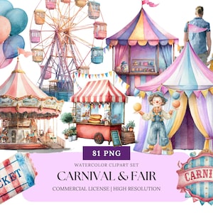 Carnival Fair Clipart Watercolor Carnival Clip Art Ferris Wheel Cotton Candy Ticket Booth Funfair Theme Park PNG Set