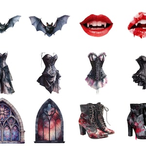 May include: A collection of watercolor illustrations featuring gothic and vampire-themed elements. Includes bats, red lips with fangs, corsets, stained glass windows, and ankle boots with blood splatter designs. The overall theme is dark and spooky.