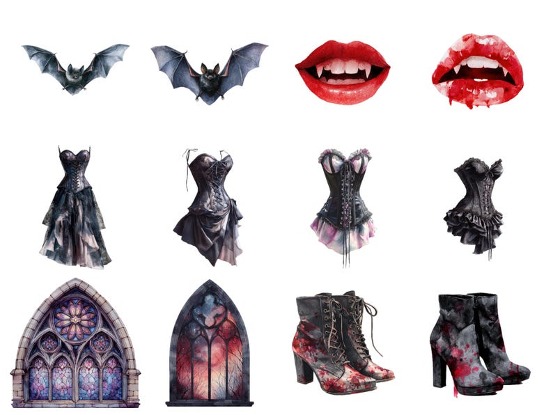 May include: A collection of watercolor illustrations featuring gothic and vampire-themed elements. Includes bats, red lips with fangs, corsets, stained glass windows, and ankle boots with blood splatter designs. The overall theme is dark and spooky.