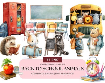 Back to School Watercolor Clipart | Cute Classroom Animal PNGs, Teacher Decor, First Day Forest Friends, Fall School Art