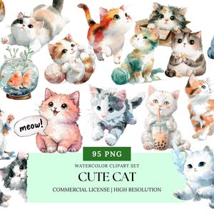 Cute Cat Watercolor Clipart PNG | Kawaii Cartoon Cat Clip Art Bundle | Cozy Cat Poses, Stickers, Digital Pet Art, Planner Elements
