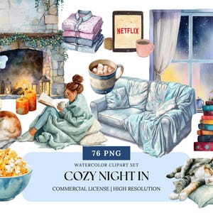Cozy Night In Watercolor Clipart Set Self-Care Hygge Aesthetic PNG Bundle Hot Cocoa Pajamas Books Fall Winter Decor