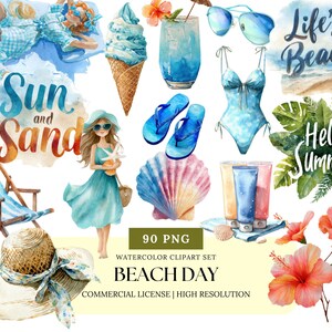 Beach Day Watercolor Clipart Set Summer Ocean Beach Party Digital Stickers Cute Sea Vacation Clip Art PNG Bundle