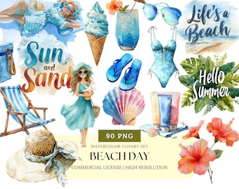 Beach Day Watercolor Clipart Set Summer Ocean Beach Party Digital Stickers Cute Sea Vacation Clip Art PNG Bundle