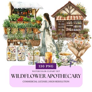 Wildflower Apothecary Clipart Watercolor Herb PNG Vintage Potion Bottle Botanical Illustration Set Digital Download