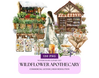Wildflower apotheker clipart aquarel kruid PNG vintage drankje fles botanische illustratie set digitale download