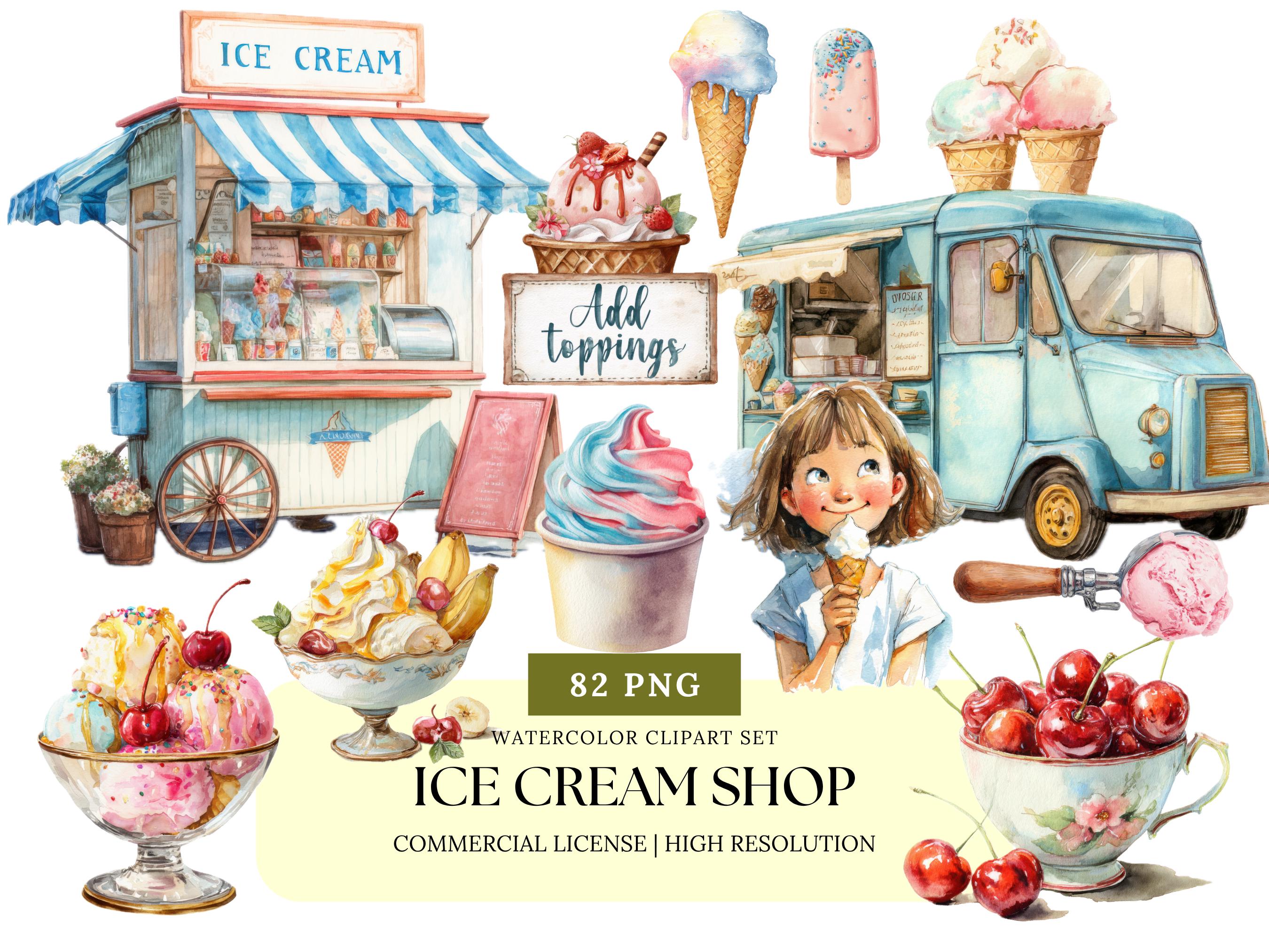 アイスクリームショップの水彩画クリップアートセット かわいい夏のデザートアイスキャンデーサンデーPNGアイスクリームトラックデジタルクリップアートバンドル  - Etsy 日本, image size:2700x2025