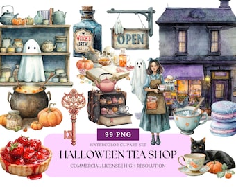 Haunted Tea Shop Watercolor Clipart Set Witchy Halloween Cafe PNG Cozy Spooky Tea Party Digital Art Bundle for Planners Stickers