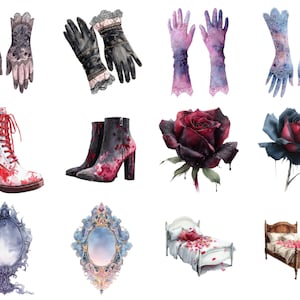 May include: Watercolor illustrations of gothic-themed items. Includes pairs of gloves, ankle boots, and roses in dark colors. Also features ornate mirrors and beds with floral bedding, all with a vintage aesthetic.