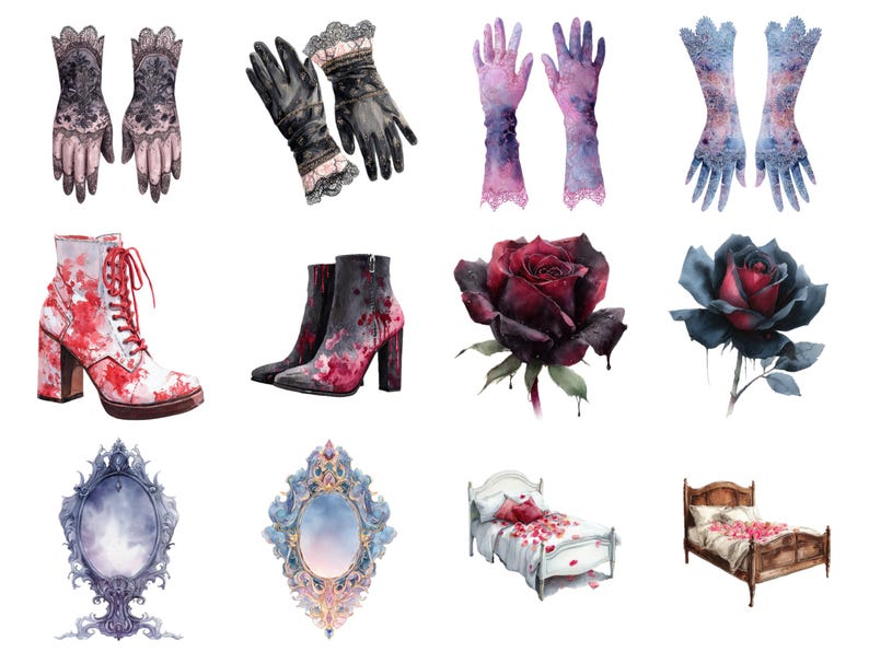 May include: Watercolor illustrations of gothic-themed items. Includes pairs of gloves, ankle boots, and roses in dark colors. Also features ornate mirrors and beds with floral bedding, all with a vintage aesthetic.