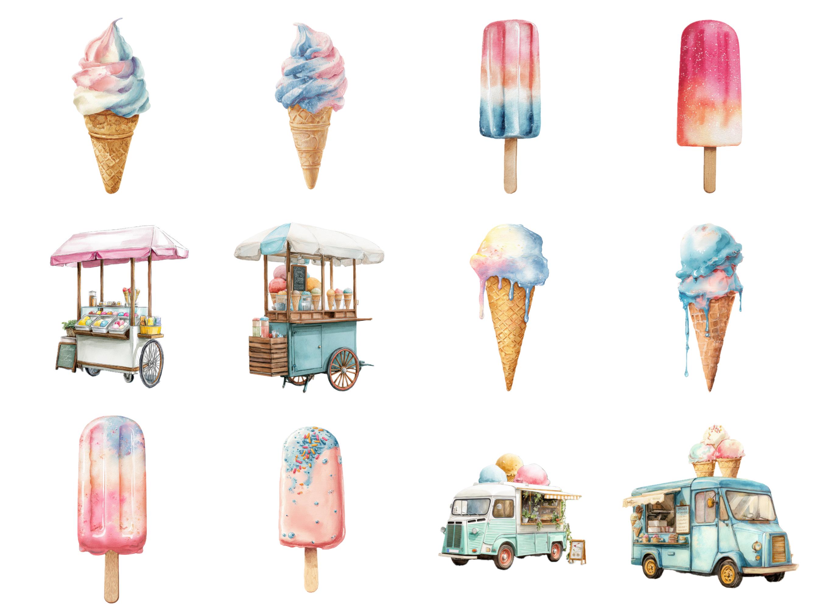 アイスクリームショップの水彩画クリップアートセット かわいい夏のデザートアイスキャンデーサンデーPNGアイスクリームトラックデジタルクリップアートバンドル  - Etsy 日本, image size:2700x2025
