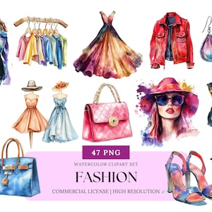 Mode aquarel clipart stijlvol meisje outfit illustratie modeaccessoires png kledingbundel mode esthetiek Clip Art set