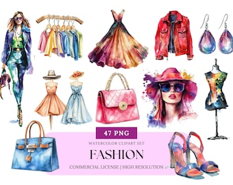 Mode Aquarell Clipart Stilvolle Mädchen Outfit Illustration Mode-Accessoires PNG Kleidung Bundle Mode Ästhetische Clip Art Set