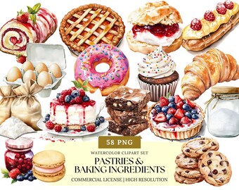 Clipart de pastelaria Ingredientes para panificação Aquarela Cupcakes Biscoitos Rosquinhas Pão Macarons Bolos Muffins Doces PNG Conjunto